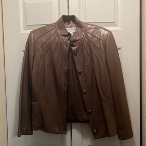 St. John cognac leather jacket with gold buttons size 10 pristine condition